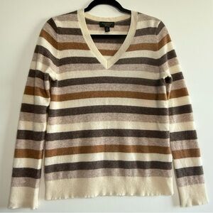 Charter Club 100% Cashmere Striped V-Neck Sweater Women’s Size S Brown Tan